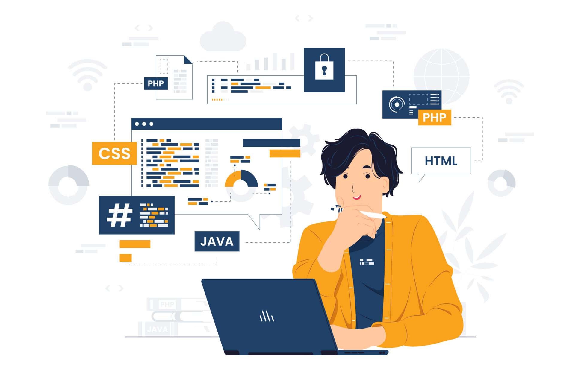 Vector concept illustration Programmer, engineer with laptop sitting at the office desk holding a pen while coding and developing flat cartoon style